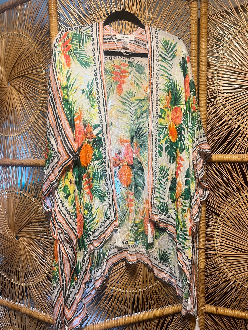 Nine West Tropical Floral Kimono Cardigan in Cream, Green & Orange